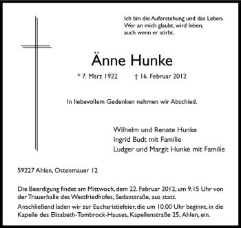 Anzeige von Änne Hunke von Westfälische Nachrichten