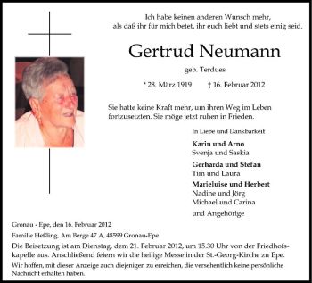 Anzeige von Gertrud Neumann von Westfälische Nachrichten