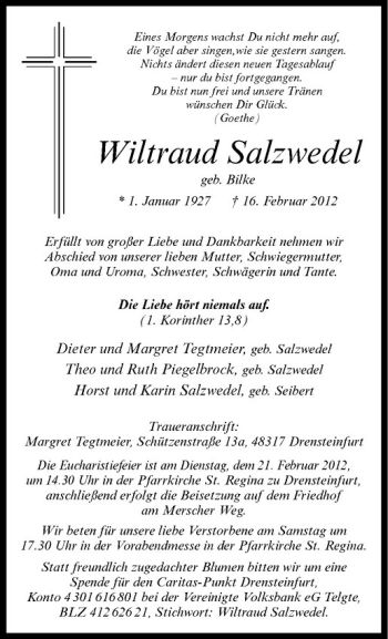 Anzeige von Wiltraud Salzwedel von Westfälische Nachrichten