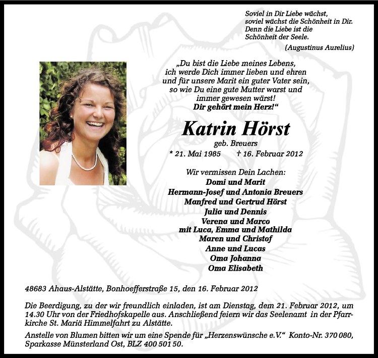  Traueranzeige für Katrin Hörst vom 18.02.2012 aus Westfälische Nachrichten