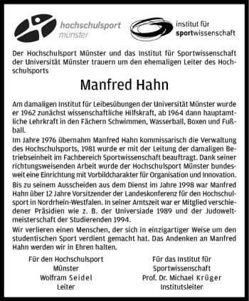 Anzeige von Manfred Hahn von Westfälische Nachrichten