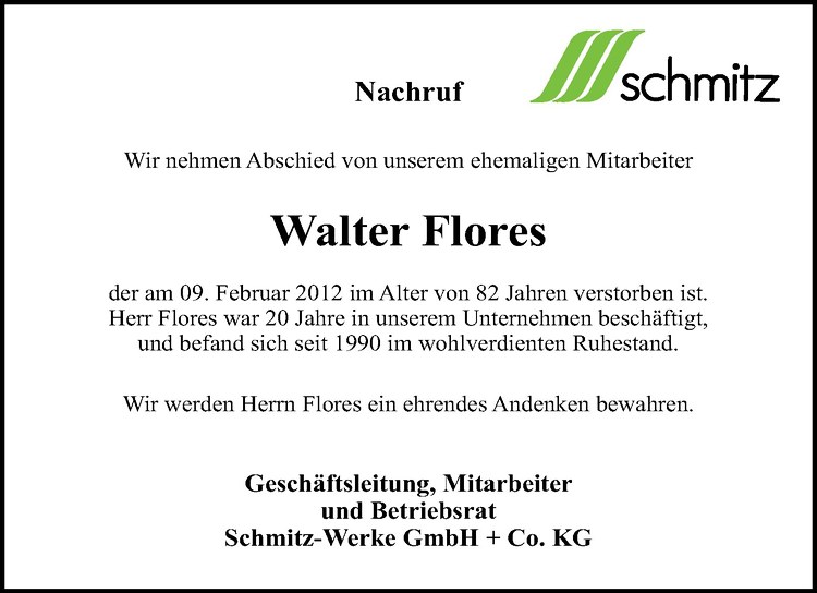  Traueranzeige für Walter Flores vom 18.02.2012 aus Westfälische Nachrichten