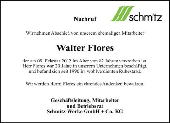 Anzeige von Walter Flores von Westfälische Nachrichten