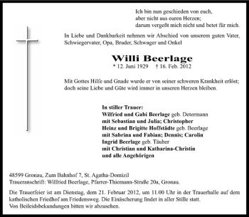 Anzeige von Willi Beerlage von Westfälische Nachrichten