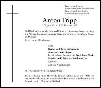 Anzeige von Anton Tripp von Westfälische Nachrichten