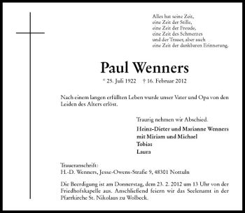Anzeige von Paul Wenners von Westfälische Nachrichten