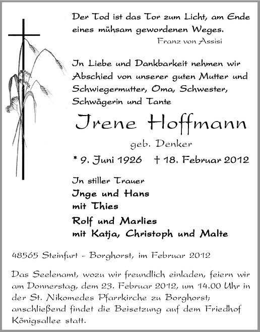  Traueranzeige für Irene Hoffmann vom 20.02.2012 aus Westfälische Nachrichten