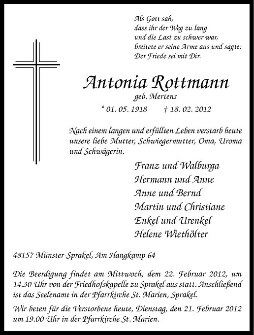  Traueranzeige für Antonia Rottmann vom 21.02.2012 aus Westfälische Nachrichten