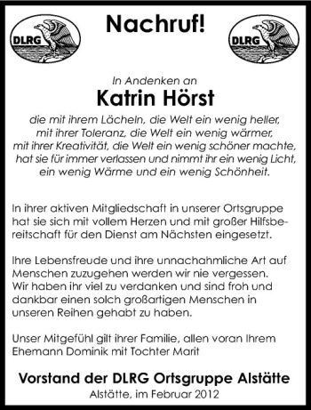 Anzeige von Katrin Hörst von Westfälische Nachrichten