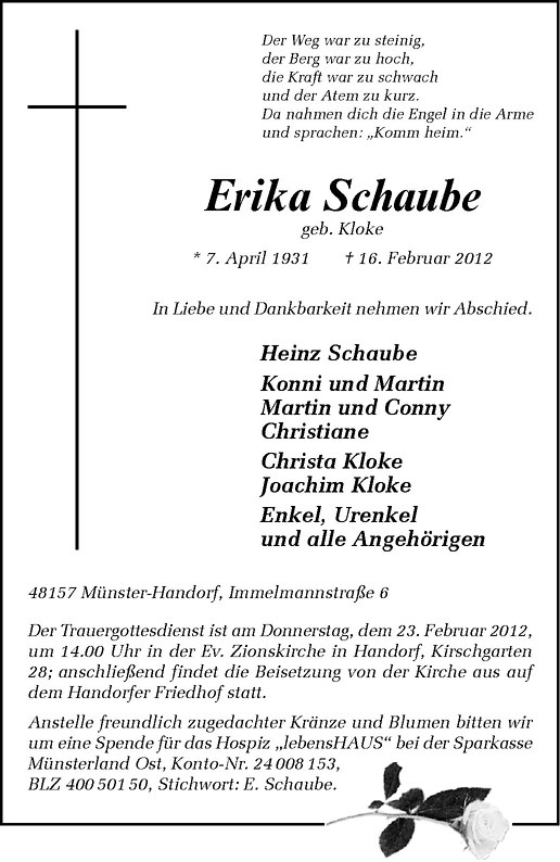  Traueranzeige für Erika Schaube vom 21.02.2012 aus Westfälische Nachrichten
