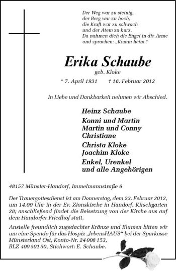 Anzeige von Erika Schaube von Westfälische Nachrichten