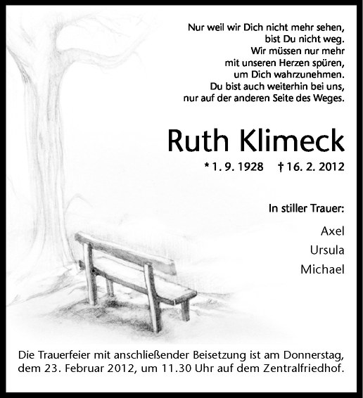  Traueranzeige für Ruth Klimeck vom 22.02.2012 aus Westfälische Nachrichten