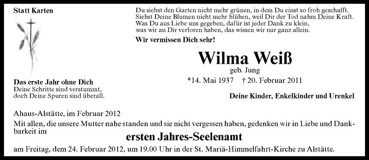  Traueranzeige für Wilma Weiß vom 22.02.2012 aus Westfälische Nachrichten