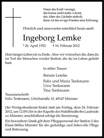 Anzeige von Ingeborg Lemke von Westfälische Nachrichten