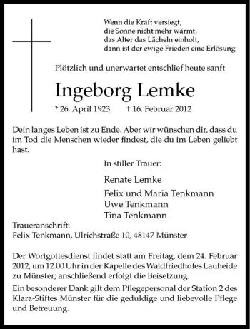Anzeige von Ingeborg Lemke von Westfälische Nachrichten