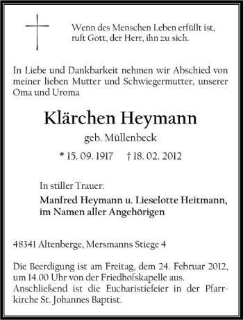 Anzeige von Klärchen Heymann von Westfälische Nachrichten