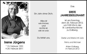 Anzeige von Irene Jürgens von Westfälische Nachrichten