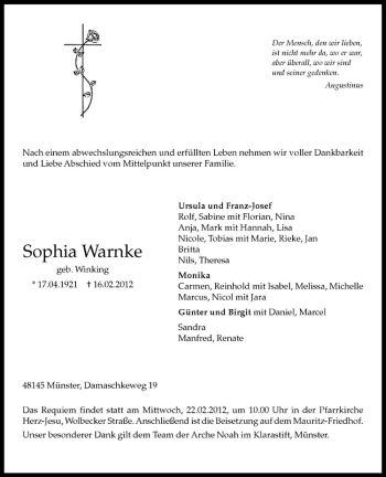 Anzeige von Sophia Warnke von Westfälische Nachrichten