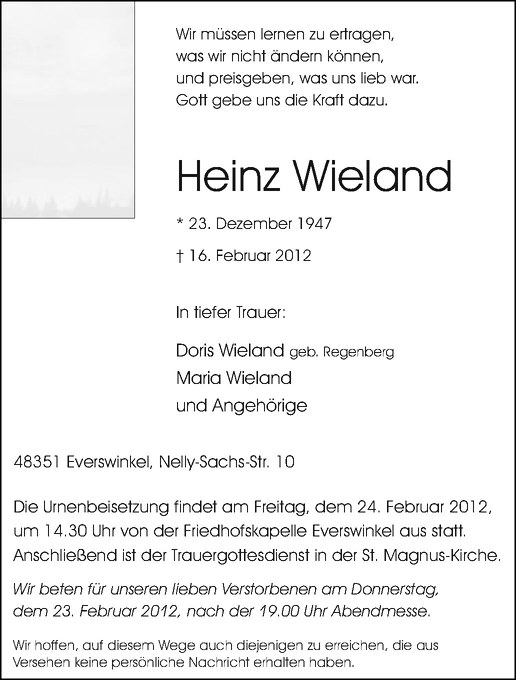  Traueranzeige für Heinz Wieland vom 21.02.2012 aus Westfälische Nachrichten