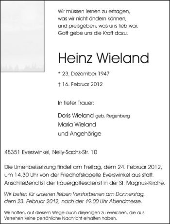 Anzeige von Heinz Wieland von Westfälische Nachrichten