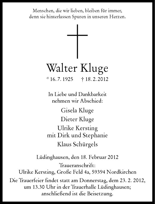  Traueranzeige für Walter Kluge vom 21.02.2012 aus Westfälische Nachrichten