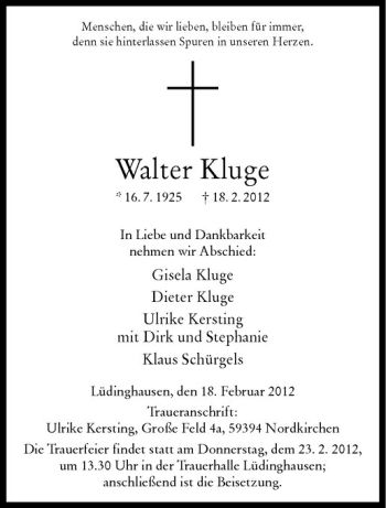 Anzeige von Walter Kluge von Westfälische Nachrichten