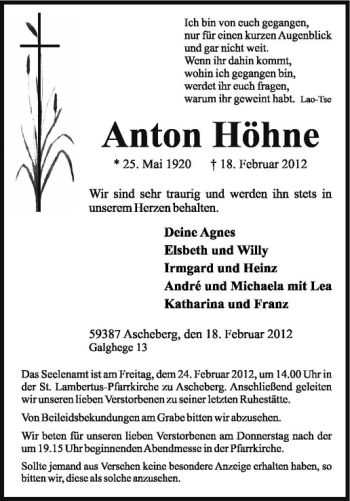 Anzeige von Anton Höhne von Westfälische Nachrichten