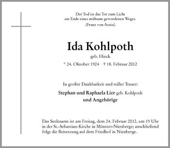 Anzeige von Ida Kohlpoth von Westfälische Nachrichten