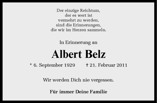  Traueranzeige für Albert Belz vom 22.02.2012 aus Westfälische Nachrichten