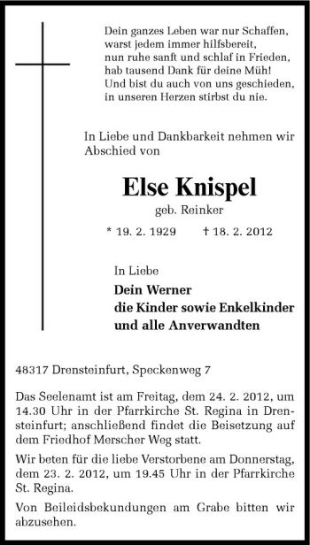 Anzeige von Else Knispel von Westfälische Nachrichten