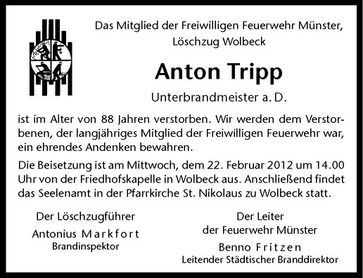  Traueranzeige für Anton Tripp vom 22.02.2012 aus Westfälische Nachrichten