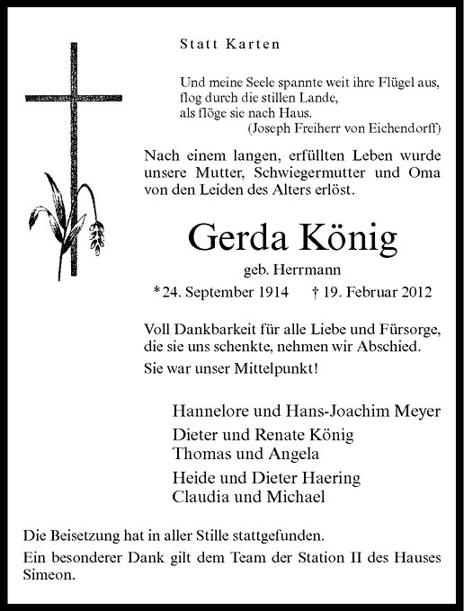  Traueranzeige für Gerda könig vom 01.03.2012 aus Westfälische Nachrichten
