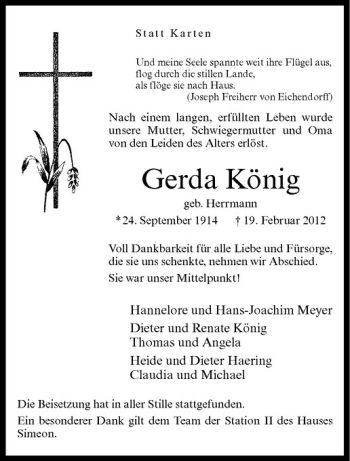 Anzeige von Gerda könig von Westfälische Nachrichten