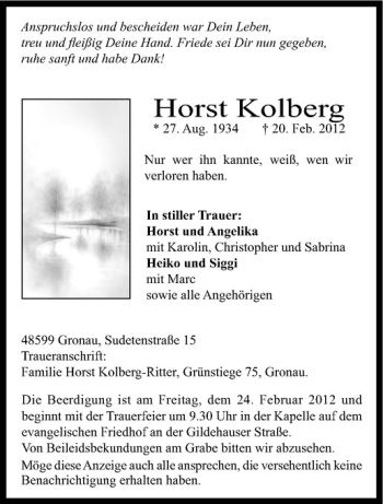 Anzeige von Horst Kolberg von Westfälische Nachrichten