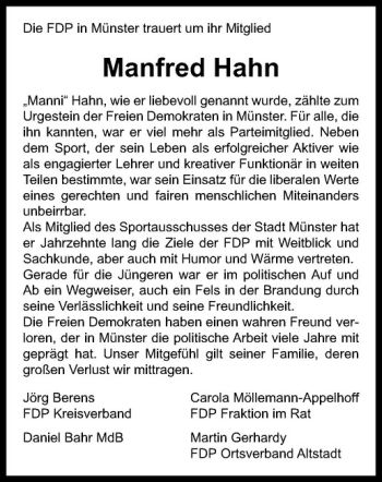 Anzeige von Manfred Hahn von Westfälische Nachrichten