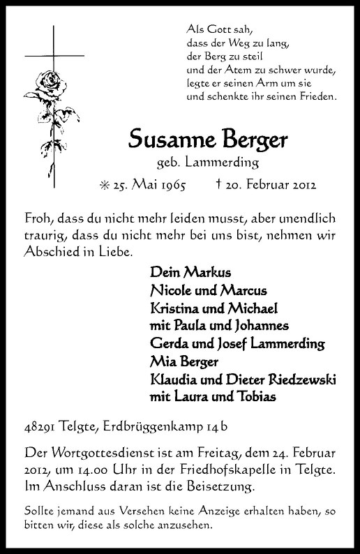  Traueranzeige für Susanne Berger vom 22.02.2012 aus Westfälische Nachrichten
