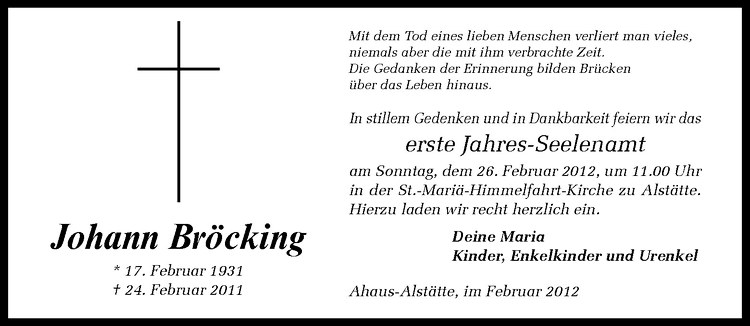  Traueranzeige für Johann Bröcking vom 23.02.2012 aus Westfälische Nachrichten