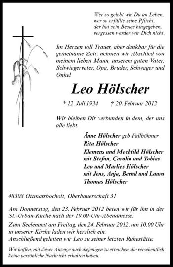 Anzeige von Leo Hölscher von Westfälische Nachrichten