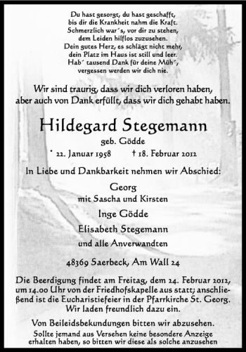 Anzeige von Hildegard Stegemann von Westfälische Nachrichten