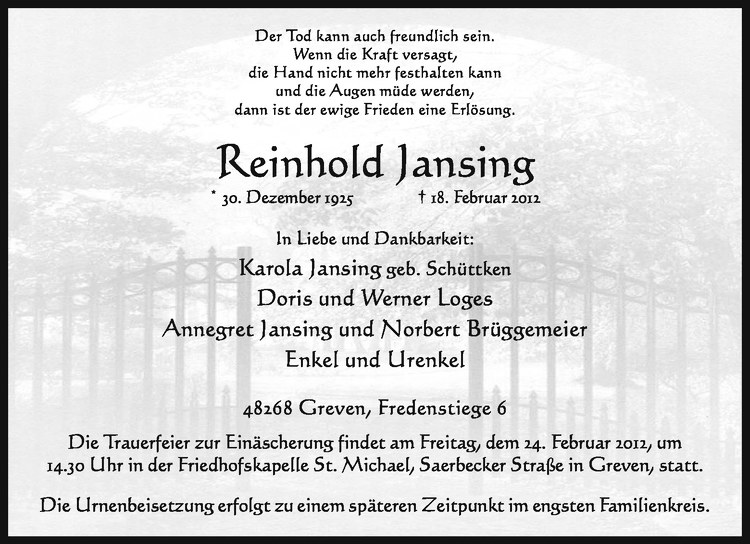  Traueranzeige für Reinhold Jansing vom 22.02.2012 aus Westfälische Nachrichten