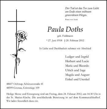 Anzeige von Paula Doths von Westfälische Nachrichten
