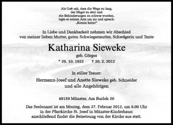 Anzeige von Katharina Sieweke von Westfälische Nachrichten