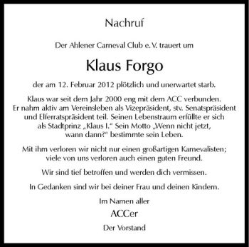 Anzeige von Klaus Forgo von Westfälische Nachrichten
