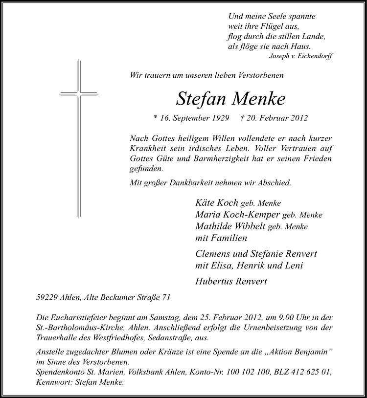  Traueranzeige für Stefan Menke vom 23.02.2012 aus Westfälische Nachrichten