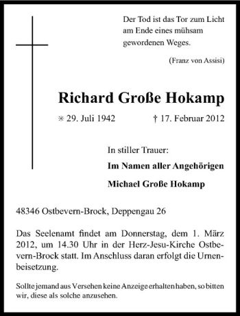 Anzeige von Richard Große Hokamp von Westfälische Nachrichten