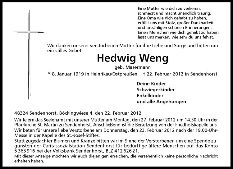  Traueranzeige für Hedwig Weng vom 23.02.2012 aus Westfälische Nachrichten