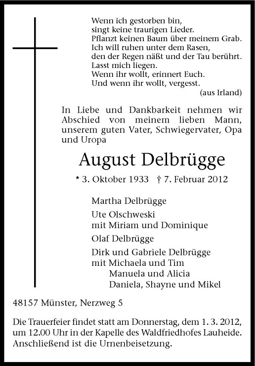  Traueranzeige für August Delbrügge vom 25.02.2012 aus Westfälische Nachrichten