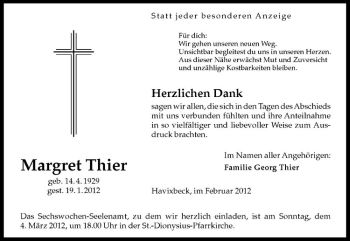 Anzeige von Margret Thier von Westfälische Nachrichten