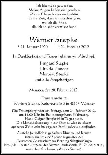 Anzeige von Werner Stepke von Westfälische Nachrichten