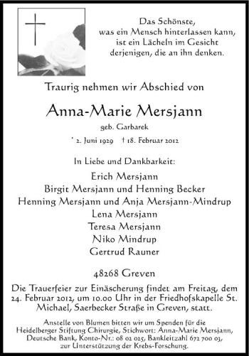 Anzeige von Anna-Marie Mersjann von Westfälische Nachrichten